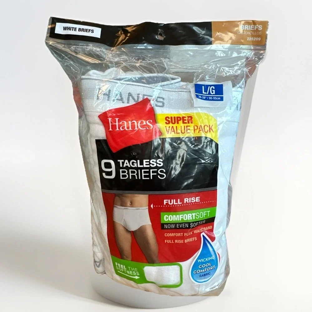 Hanes 225209 Men's Regular Full Rise Brief 9 Pack Tagless Large 36-38
